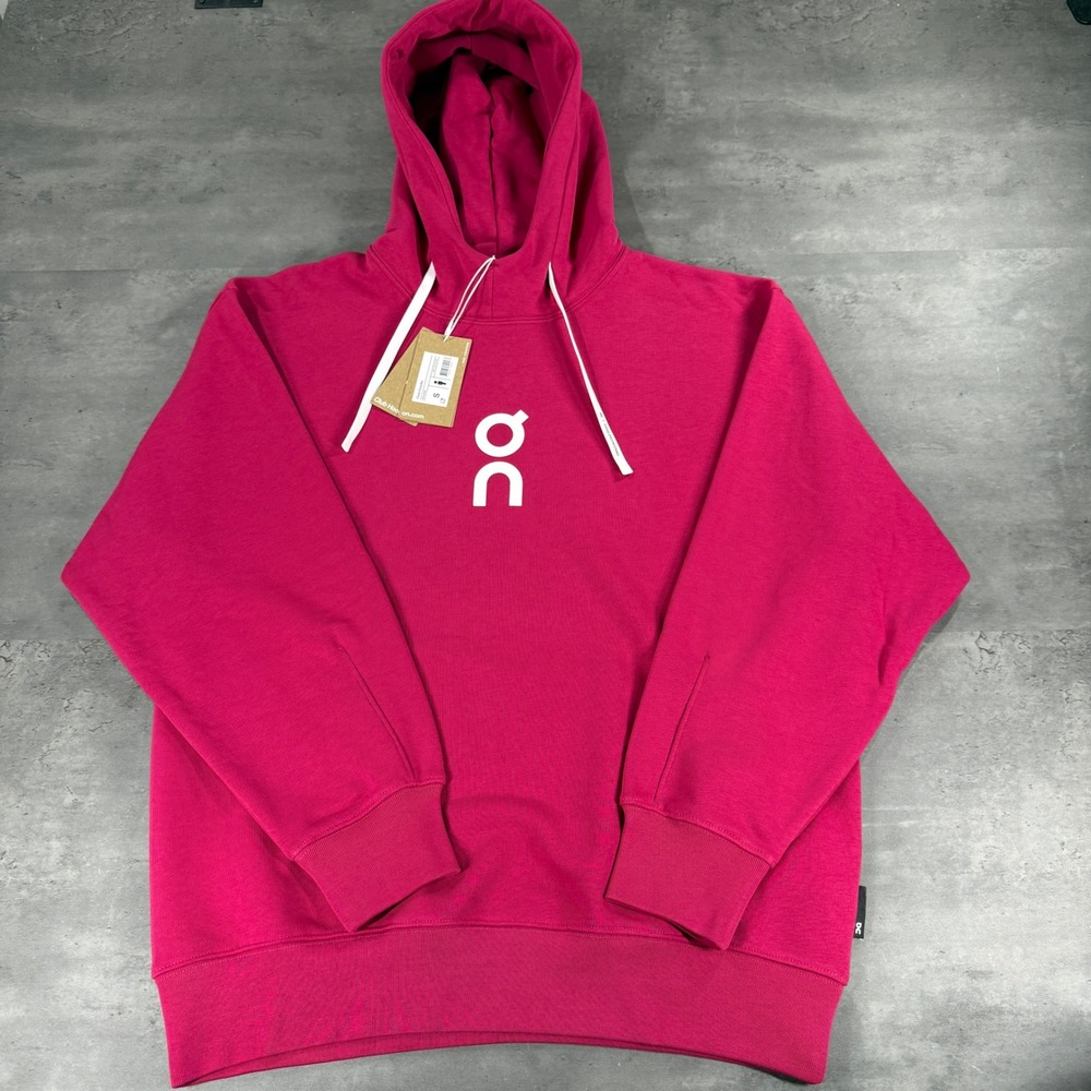 On Cloud Running Club Hoodie Mens S Grenadine Fuchsia Pink Logo Relaxed Fit NEW